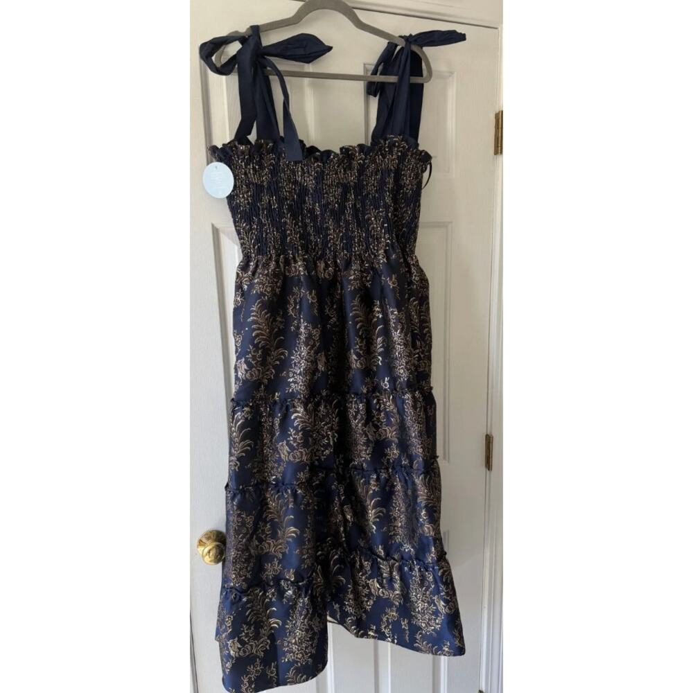 NWT Hill House Ribbon Ellie Nap Dress Navy Bird Brocade Medium - Picture 3 of 5